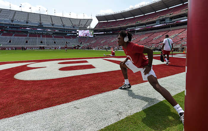 Alabama defensive back Eli Ricks (7) loosens up before the game with the University of Louisiana Monroe at Bryant-Denny Stadium.